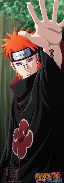 Anime picture 2125x6022 with naruto studio pierrot naruto (series) pain (naruto) deva path dhako889 single tall image highres short hair purple eyes orange hair inscription piercing coloring akatsuki rinnegan boy cloak bandana