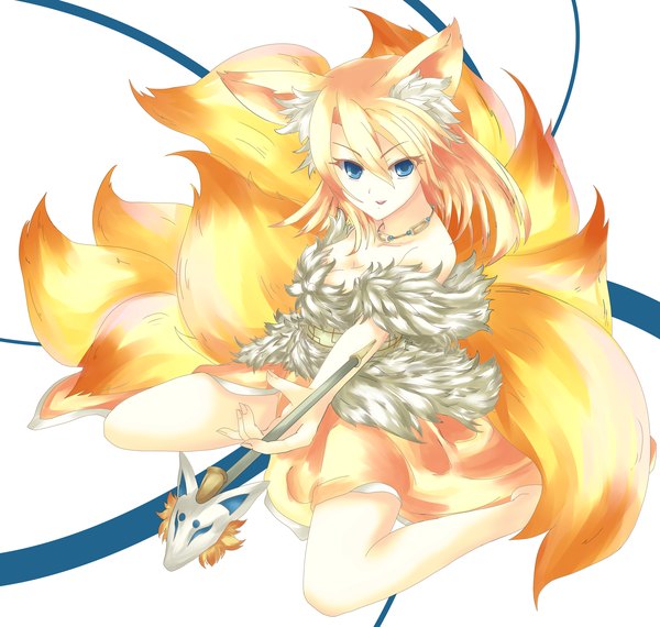 Anime picture 3000x2850 with original hisenkaede single long hair highres open mouth blue eyes simple background blonde hair white background sitting bare shoulders absurdres legs fox ears fox tail girl pendant