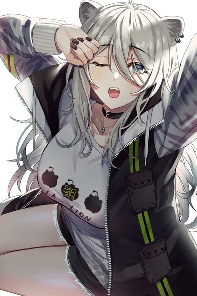 Anime picture 1088x1631 with virtual youtuber hololive shishiro botan shishiro botan (4th costume) 8n0 g single long hair tall image looking at viewer fringe open mouth simple background hair between eyes white background sitting animal ears silver hair nail polish one eye closed open jacket