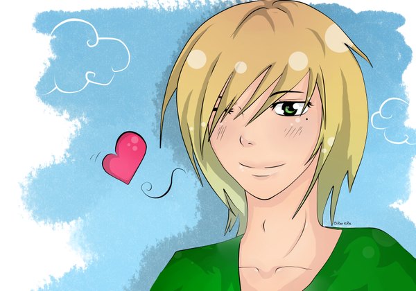 Anime picture 3437x2409 with original o-ren kira (artist) single blush highres short hair simple background blonde hair smile green eyes signed absurdres cloud (clouds) one eye closed wink lens flare blue background boy heart