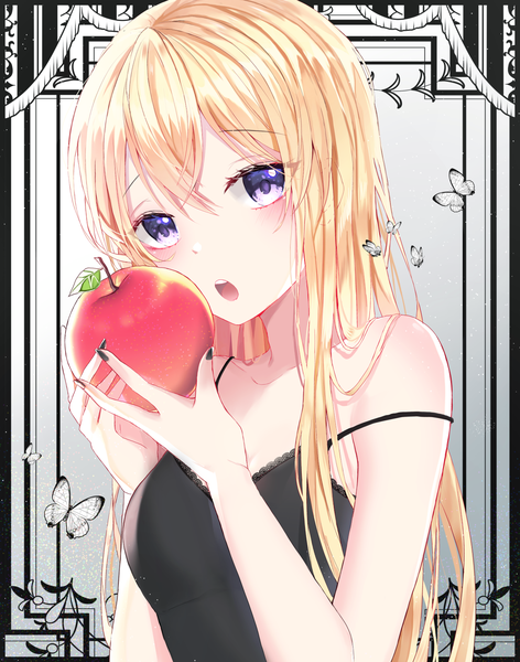 Anime picture 1200x1525 with bang dream! shirasagi chisato seno (senohime) single long hair tall image blush fringe open mouth simple background blonde hair hair between eyes purple eyes bare shoulders holding payot cleavage upper body nail polish head tilt