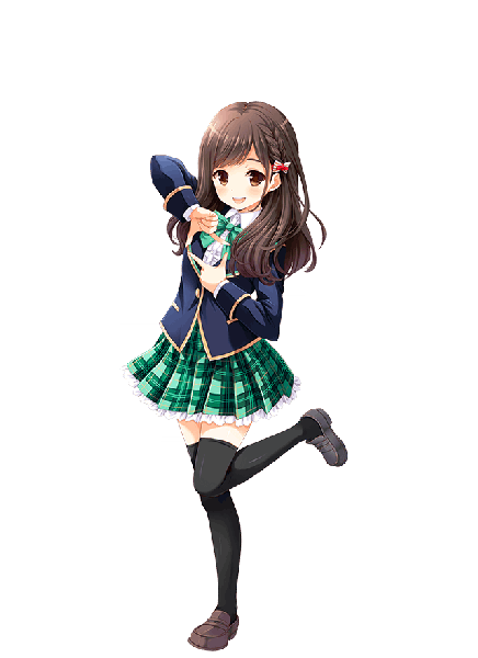 Anime picture 640x880 with girlfriend (kari) hashimoto kanna qp:flapper single long hair tall image looking at viewer blush fringe open mouth smile brown hair standing brown eyes full body bent knee (knees) braid (braids) official art happy standing on one leg