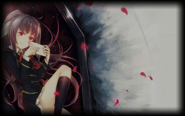 Anime picture 1920x1200 with blood code leia ephelis single fringe highres light erotic smile red eyes brown hair sitting holding payot looking away bent knee (knees) ponytail long sleeves very long hair official art tears framed