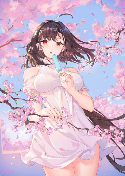 Anime picture 1128x1596 with azur lane independence (azur lane) atdan single long hair tall image looking at viewer blush breasts light erotic red eyes brown hair holding signed ahoge outdoors ponytail cherry blossoms slit pupils spring
