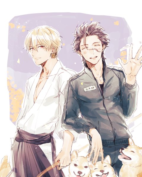 Anime picture 650x813 with fate (series) fate/grand order gilgamesh (fate) diarmuid ua duibhne (lancer) (fate) saryo tall image looking at viewer blush fringe short hair black hair blonde hair hair between eyes red eyes standing eyes closed traditional clothes japanese clothes multiple boys ^ ^