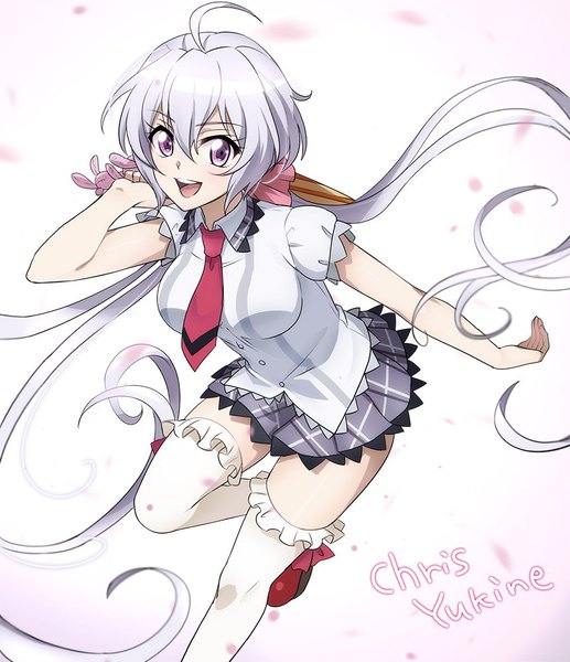 Anime picture 861x1000 with senki zesshou symphogear satelight yukine chris tatsuki (pizza no tempra) single tall image looking at viewer fringe open mouth hair between eyes purple eyes twintails silver hair ahoge very long hair :d zettai ryouiki character names low twintails girl