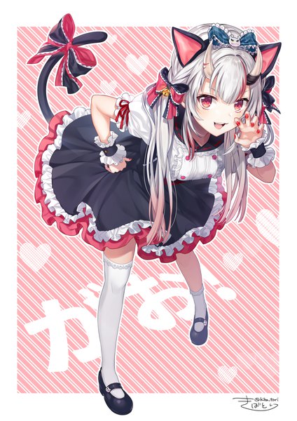 Anime picture 2894x4093 with virtual youtuber hololive nakiri ayame kiba tori single long hair tall image looking at viewer highres open mouth red eyes twintails animal ears silver hair full body tail nail polish :d animal tail multicolored hair