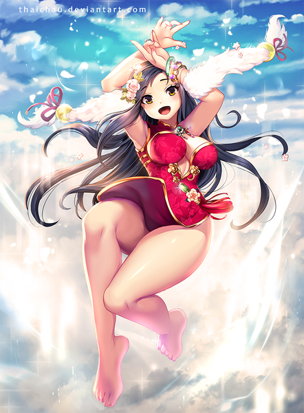 Anime-Bild 737x1000 mit original riiya (mabong1989) single long hair tall image looking at viewer blush breasts open mouth light erotic black hair smile large breasts signed yellow eyes sky cloud (clouds) full body traditional clothes barefoot