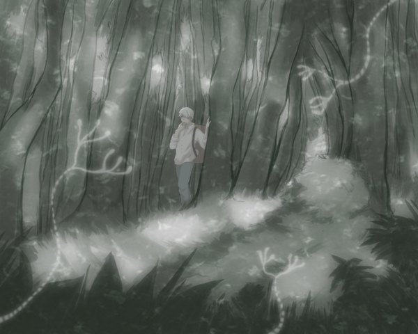 Anime picture 1600x1280 with mushishi ginko fringe short hair white hair hair over one eye smoke smoking boy plant (plants) tree (trees) forest