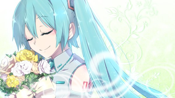 Anime picture 1920x1080 with vocaloid hatsune miku haru aki single long hair blush fringe highres smile hair between eyes wide image twintails bare shoulders holding payot upper body eyes closed aqua hair sparkle tattoo