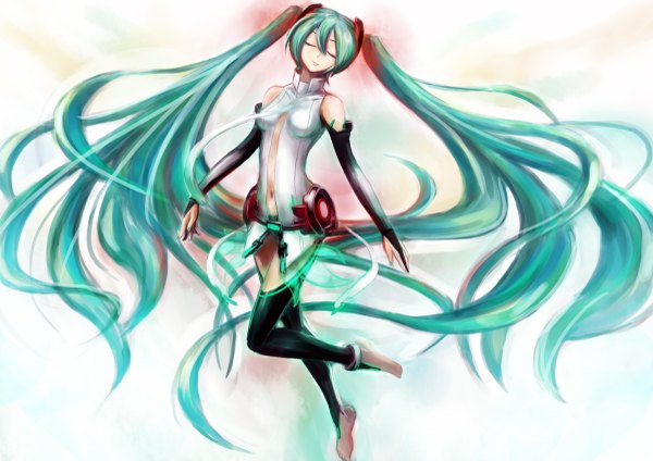 Anime picture 1200x849 with vocaloid vocaloid append hatsune miku hatsune miku (append) musclecar single fringe hair between eyes white background twintails full body eyes closed very long hair aqua hair bare belly spread arms girl thighhighs gloves navel