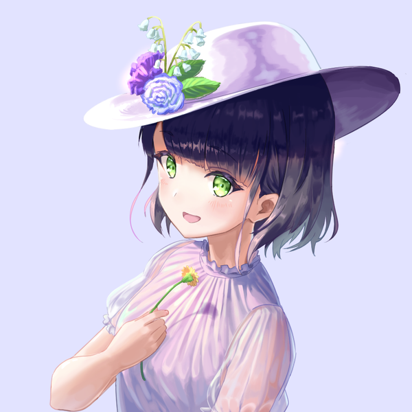 Anime picture 900x900 with original mitamura single looking at viewer blush fringe short hair open mouth black hair simple background smile holding green eyes payot upper body blunt bangs :d girl flower (flowers) hat