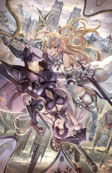 Anime picture 1000x1541 with fate (series) fate/grand order fate/apocrypha jeanne d'arc (fate) (all) jeanne d'arc alter (fate) jeanne d'arc (fate) jeanne d'arc alter (avenger) (third ascension) (fate) torino aqua long hair tall image looking at viewer blush fringe breasts open mouth blue eyes blonde hair hair between eyes bare shoulders holding