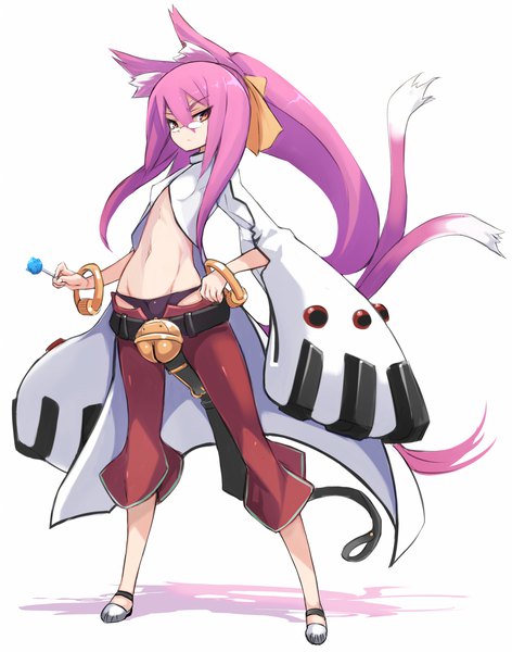 Anime picture 1181x1500 with blazblue kokonoe karukan (monjya) single long hair tall image light erotic simple background standing white background animal ears looking away pink hair full body tail animal tail pink eyes cat ears bare belly cat girl