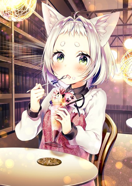 Anime picture 1500x2118 with original shirako sei single tall image looking at viewer blush short hair open mouth sitting holding green eyes animal ears silver hair ahoge indoors long sleeves eating food on face girl dress