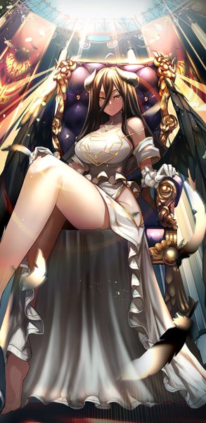 Anime picture 1500x3074 with overlord (maruyama) madhouse albedo (overlord) btraphen single long hair tall image looking at viewer fringe breasts light erotic black hair hair between eyes sitting yellow eyes ahoge bent knee (knees) barefoot horn (horns) bare legs