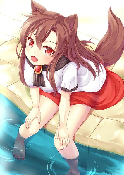 Anime picture 707x1000 with touhou imaizumi kagerou niiya single long hair tall image looking at viewer blush open mouth red eyes brown hair animal ears tail nail polish animal tail from above wolf ears wolf tail girl water
