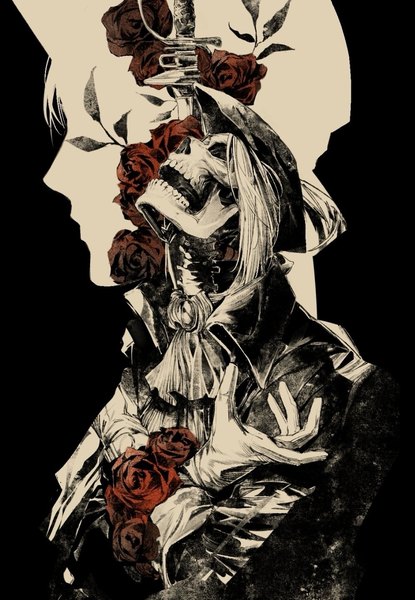 Anime picture 998x1444 with bloodborne from software lady maria of the astral clocktower plain doll megasus tall image short hair simple background multiple girls upper body white hair black background silhouette skeleton girl gloves flower (flowers) 2 girls hat rose (roses)