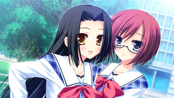 Anime picture 1024x576 with strawberry nauts long hair blush short hair open mouth blue eyes black hair smile wide image multiple girls yellow eyes game cg red hair girl uniform 2 girls school uniform glasses