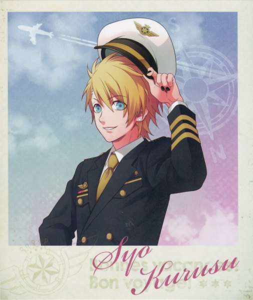 Anime picture 863x1024 with uta no prince-sama a-1 pictures kurusu shou single tall image short hair blonde hair smile sky cloud (clouds) nail polish aqua eyes framed boy uniform shirt necktie peaked cap blazer aircraft