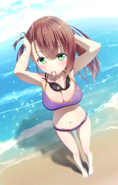 Anime picture 1286x2000 with original ninnzinn single long hair tall image looking at viewer blush breasts light erotic brown hair green eyes beach girl navel swimsuit bikini