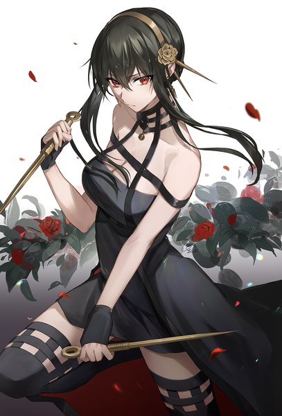 Anime picture 2778x4091 with spy x family yor briar hoshi rasuku single long hair tall image looking at viewer fringe highres black hair hair between eyes red eyes cleavage sleeveless girl dress flower (flowers) weapon petals black dress
