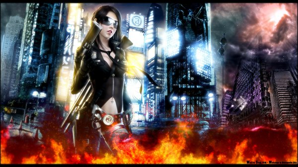 Anime picture 1920x1080 with snyp (r0pyns) mario wibisono (raynkazuya) single long hair highres breasts black hair wide image realistic city lights multicolored girl necktie gun sunglasses fire pistol handcuffs
