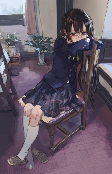 Anime picture 549x847 with original shirabi single long hair tall image looking at viewer fringe blue eyes black hair sitting pleated skirt from above crossed arms sketch single shoe girl skirt uniform flower (flowers) school uniform
