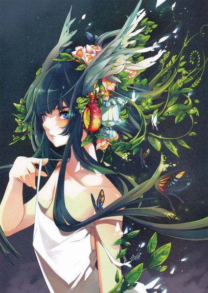 Anime picture 2236x3155 with original senano-yu single long hair tall image highres blue eyes black hair no bra girl hair ornament plant (plants) insect butterfly