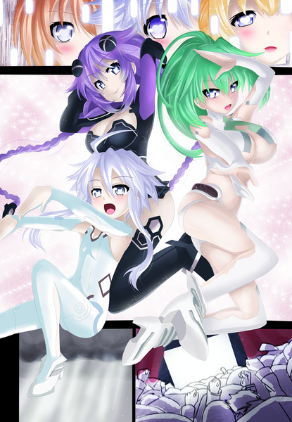 Anime picture 2500x3615 with choujigen game neptune purple heart green heart white heart ric9duran long hair tall image blush highres breasts open mouth blue eyes light erotic blonde hair smile brown hair large breasts purple eyes purple hair white hair