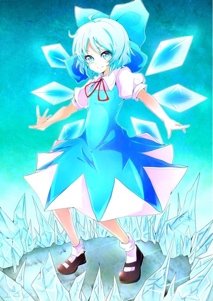 Anime picture 2507x3541 with touhou cirno baba (baba seimaijo) single tall image looking at viewer blush highres short hair blue eyes blue hair spread arms girl dress bow hair bow ice