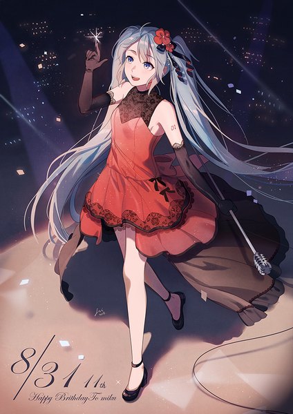Anime picture 700x990 with vocaloid hatsune miku fei renlei single tall image blue eyes twintails bare shoulders blue hair looking away full body very long hair from above legs dated happy birthday girl dress gloves hair ornament