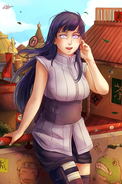 Anime picture 700x1050 with naruto studio pierrot naruto (series) hyuuga hinata hakuno shigeru single long hair tall image looking at viewer blush fringe breasts open mouth smile large breasts standing purple eyes signed sky purple hair