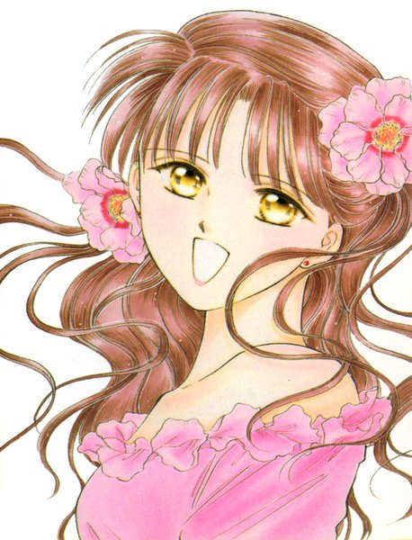 Anime picture 1144x1500 with fushigi yuugi yuuki miaka watase yuu (artist) single long hair tall image open mouth simple background brown hair white background bare shoulders yellow eyes hair flower happy wavy hair girl hair ornament flower (flowers) frills