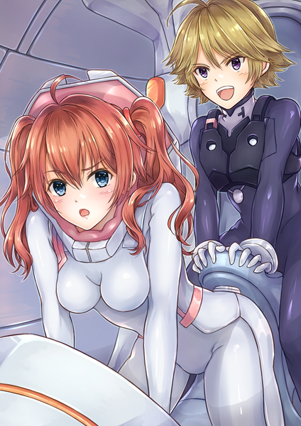 Anime picture 650x919 with darling in the franxx studio trigger miku (darling in the franxx) zorome (darling in the franxx) hoshimaemi long hair tall image looking at viewer blush fringe short hair breasts open mouth blue eyes light erotic blonde hair hair between eyes brown hair sitting purple eyes