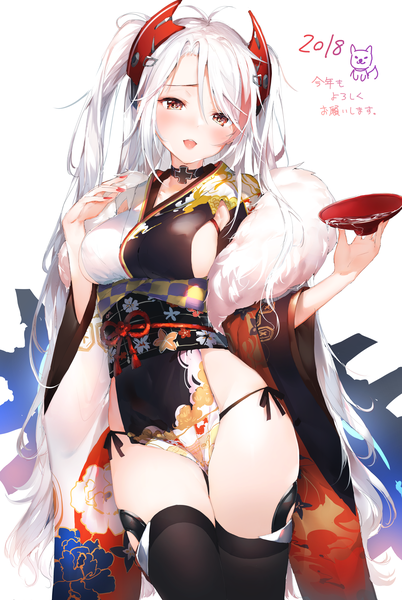 イラスト 2352x3505 と アズールレーン プリンツ・オイゲン(アズールレーン) prinz eugen (dance of a hundred flowers) (azur lane) うみぼうず ソロ 長髪 長身像 カメラ目線 赤面 前髪 highres おっぱい 開いた口 light erotic simple background hair between eyes 大きな乳房 立つ 白背景 holding