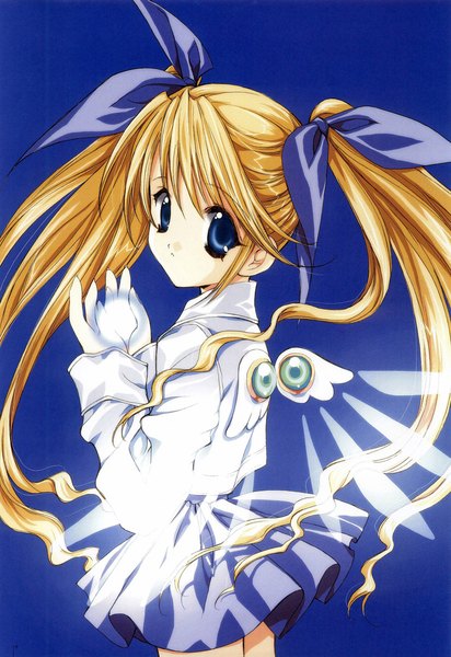 Anime picture 824x1200 with angel/dust angel/dust neo haga musia nanase aoi single long hair tall image looking at viewer blue eyes simple background blonde hair twintails turning head blue background girl skirt gloves ribbon (ribbons) hair ribbon miniskirt
