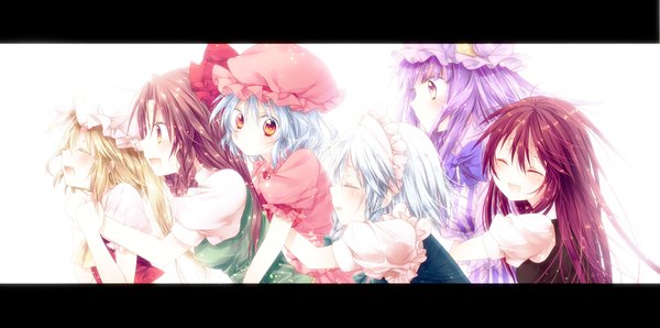 Anime picture 1400x696 with touhou flandre scarlet remilia scarlet izayoi sakuya patchouli knowledge hong meiling koakuma riichu long hair blush short hair open mouth simple background blonde hair smile red eyes brown hair wide image white background purple eyes