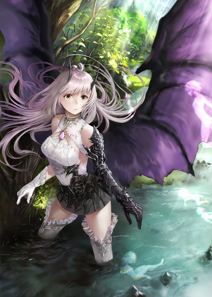 Anime-Bild 1072x1500 mit original iori (cpeilad) long hair tall image fringe breasts light erotic large breasts standing yellow eyes looking away outdoors blunt bangs parted lips pleated skirt horn (horns) nude grey hair sunlight partially submerged