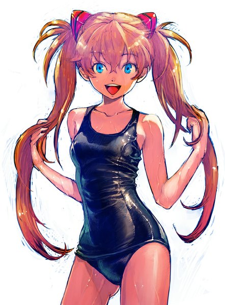 Anime picture 738x1000 with neon genesis evangelion gainax soryu asuka langley shikinami asuka langley boyaking(sbf) single long hair tall image open mouth blue eyes light erotic simple background white background twintails orange hair wet alternate hairstyle girl swimsuit one-piece swimsuit