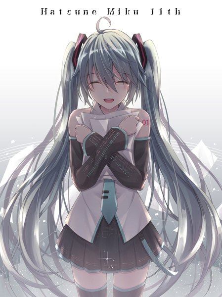 Anime picture 800x1068 with vocaloid hatsune miku akira (been0328) single long hair tall image fringe open mouth smile hair between eyes standing twintails bare shoulders holding ahoge eyes closed long sleeves pleated skirt aqua hair sparkle