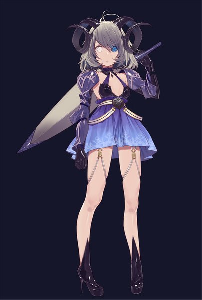 Anime picture 1608x2388 with original kitada mo single tall image looking at viewer fringe short hair breasts blue eyes light erotic simple background hair between eyes standing holding full body horn (horns) grey hair high heels thighs heterochromia