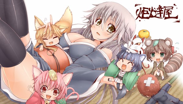 Anime picture 1500x857 with original matsuriyu (akaki aoki) kantarou (nurumayutei) long hair light erotic blonde hair smile red eyes brown hair wide image animal ears yellow eyes blue hair pink hair tail lying japanese clothes grey hair chibi multiple tails