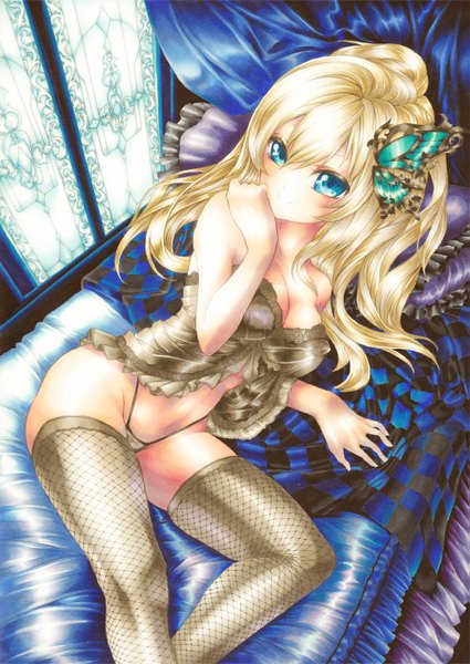 Anime picture 1039x1466 with boku wa tomodachi ga sukunai kashiwazaki sena single long hair tall image blush blue eyes light erotic blonde hair bare shoulders girl thighhighs hair ornament underwear panties pillow insect bed butterfly butterfly hair ornament