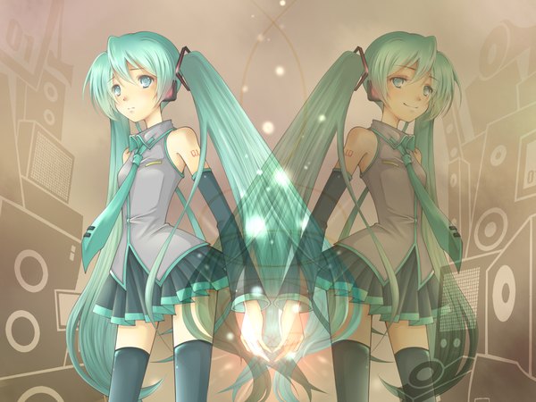 Anime picture 1400x1050 with vocaloid hatsune miku mirto smile twintails looking away very long hair pleated skirt aqua eyes aqua hair wallpaper zettai ryouiki dual persona girl thighhighs skirt black thighhighs detached sleeves miniskirt necktie