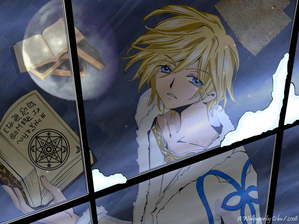 Anime picture 1600x1200 with tsubasa reservoir chronicle clamp fay d flourite short hair blue eyes blonde hair looking up winter snow boy book (books)