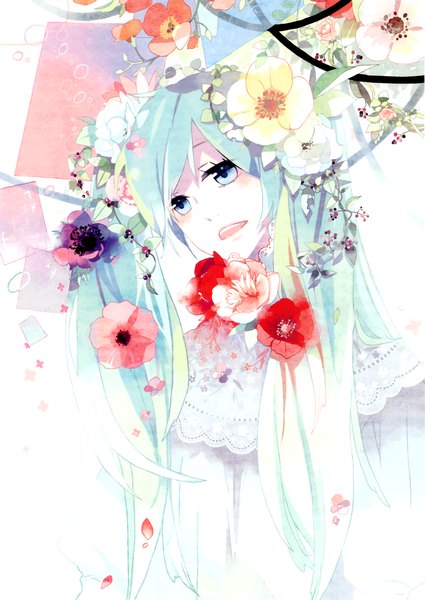 Anime picture 2204x3110 with weightlessness space (artbook) vocaloid hatsune miku kyang692 single long hair tall image blush highres open mouth blue eyes simple background white background twintails blue hair girl flower (flowers)