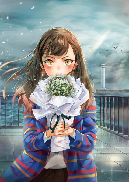 Anime picture 1200x1697 with original rainmaker single long hair tall image looking at viewer blush fringe brown hair standing holding yellow eyes sky cloud (clouds) outdoors wind open jacket gradient hair covered mouth girl