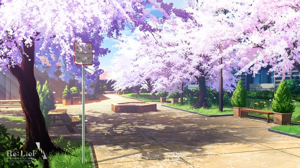 Anime picture 1280x720 with re:lief ebisutaro wide image sky cloud (clouds) outdoors sunlight inscription shadow copyright name cherry blossoms no people landscape scenic plant (plants) tree (trees) building (buildings) grass bench road