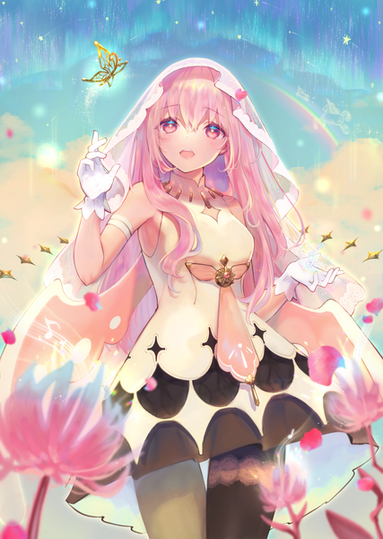 Anime picture 3580x5032 with vocaloid magical mirai (vocaloid) megurine luka akatsuki rokino single long hair tall image highres open mouth looking away pink hair absurdres :d pink eyes aurora borealis girl dress gloves flower (flowers) white gloves